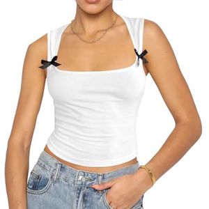 Dames Tanktop met Strikdecor, Sexy Mouwloze Crop Cami-shirts met U-hals, Casual Zomerkleding(Color:White,Size:S)