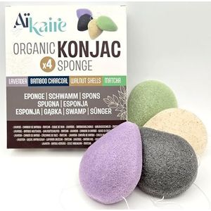 Konjac Bio gezichtssponzen gecombineerd met groene thee, kolen, lavendel en notenschillen | set van 4 druppelvormige sponzen | natuurlijke plantenspons reinigen