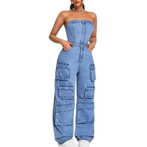 LoprNsdgt Dames Mouwloze Strapless Denim Jumpsuit Multi Pockets Baggy Cargo Jeans Jumpsuits,Blauw,3XL