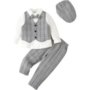 Lito Angels Baby Kids Jongens Gentleman Plaid Vest Pak Set Formele Bruiloft Outfits met Hoed, Grijs Groen Blauw Bruin, Grijs, 2-3 jaar
