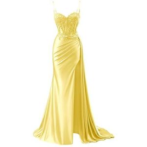 KURFACE Satijnen galajurken voor dames met split kant applicatie spaghettibandjes beroemdheden optocht jurk formele jurk, Geel, 32