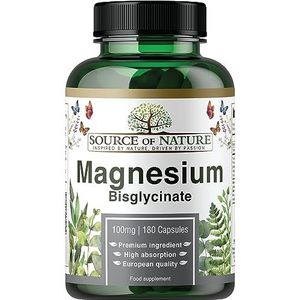 Magnesium Bisglycinaat 770 mg | 100 mg Elementair per Capsule | 180 Vegan Capsules | Zeer Goed Opneembaar | Maagvriendelijk | Geen Laxerende Werking | Source of Nature
