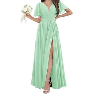 Chiffon bruidsmeisjesjurken voor dames, voor bruiloft, met split, avondgalajurken, cocktailjurken, grote maten, mintgroen, 32