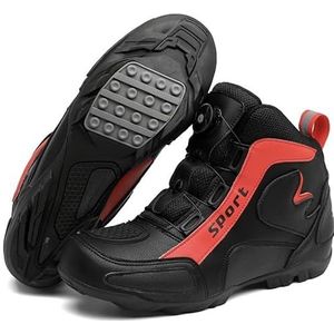Ademende raceschoenen voor heren en dames, hoge motorschoenen, racefietsschoenen, veterschoenen met knop (kleur: zwart en rood, maat: 3,5 UK)