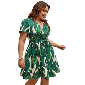 voor vrouwen jurk Plus jurk met riem en vlindermouwen met tropische print (Color : Multicolore, Size : XXL)