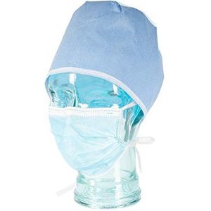 SF OP Kap, 100 stuks, blauwe wegwerpkapjes, operatiekap, bandana, chirurgische kap, eenmalig - hoofdkap, koksmuts goed luchtdoorlatend met bindbanden, ideaal voor ziekenhuizen en dokterspraktijken