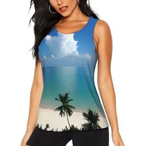 Strand en palmboom sport gym vest top voor vrouwen, sneldrogend ronde hals mouwloos T-shirt atletisch trainingsvest lichtgewicht yoga t-shirt zomer ademende tanktops, 3 D, S