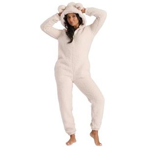 Undercover Dames zachte sherpa fleece capuchon teddy alles-in-één onesie met rits, Beige Teddy, S