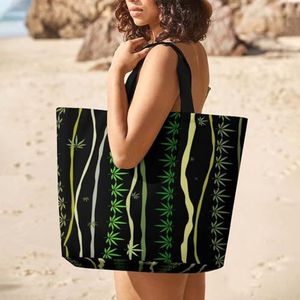 Onkruid Bladeren Streep Boodschappentas Herbruikbare Tote Bag Schoudertas Reizen Handtas Voor Vrouwen Mannen Gift
