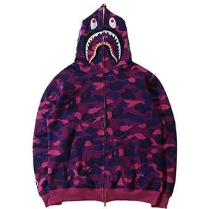 Y2k Bape Shark-hoodie for heren Camouflage Bape-jas met ritssluiting en capuchon Sweatjack Interessant sweatshirt met rits Puur katoen Shark Head Shark-hoodietrui (Color : Paars, Size : 3XL)