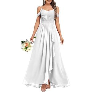 HPPEE Dames V-hals koude schouder bruidsmeisjes jurken met split ruches chiffon formele avondjurk, Wit, 32