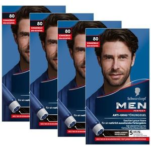 Men Perfect Anti-grijze kleurgel 80 zwartbruin (4 x 80 ml), haarkleur voor mannen verbergt grijs haar, anti-grijze tint voor een natuurlijk uitziend resultaat