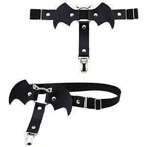 Verstelbare Elastice 2 Rijen Lederen Been Harnas Kousenband Riem Punk Gothic Dij Ring Kousenband, Zwarte Vleermuis Vorm Met Clip, Eén Maat