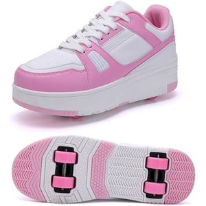 XRDSHY Schoenen met wieltjes, voor jongens en meisjes, skateboardschoenen, sportschoenen, gymschoenen voor kinderen en volwassenen, 2-in-1 multifunctionele 4 wieltjes, roze, B-35 EU
