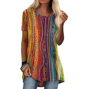 MQYXGS Dames top met ronde hals korte mouwen blouse retro print shirt etnische stijl los T-shirt comfortabel casual tuniekbovendeel hemd blouse vrijetijdshemd abrikoos zwart S M L XL XXL 3XL, geel 1,