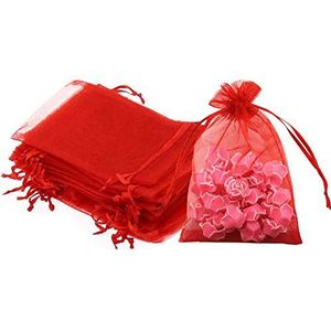 100 stuks 12,7 x 17,8 cm geschenkzakjes rood, organza pure stof, glanzende pasteltraktatiezakjes met trekkoord voor babyshower, huisfeestartikelen, bruidsdouche gunst, lipsense houder, Kerstmis, thee,