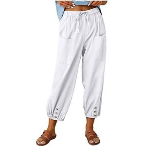 Sawmew Katoenen hennep dames zomer lichte vrijetijdsbroek loose fit harembroek comfortabele stoffen broek met zak dames casual strandbroek 7/8 broek met wijde pijpen (Color : White, Size : 3XL)