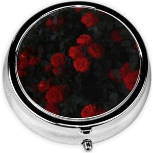 Rode en zwarte roze print pillendoos 3 compartimenten kleine pillenetui met spiegel pillenorganisator voor outdoor reizen zak portemonnee