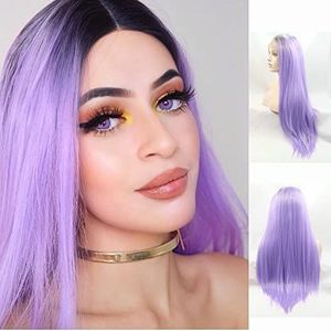 SereneWig Dames Heldere Lila Paars Kant Voor Pruik Lijmloze Drag Koningin Synthetische Lange Rechte Pruiken voor Vrouwen Festival Party Cosplay Pastel Paars Pruik 2 ToneColor Drag Koningin Lange Golf Haar