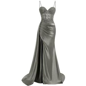 KIYNE Spaghetti Strap Satijn Galajurken met Split Kant Applique Zeemeermin Baljurk Floor Lengte Corset Formele Jurk, Grijs, 34