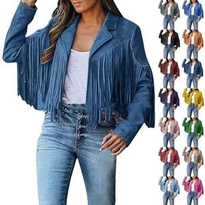 BAWUTZ Damesjas met franjes en kwastjes, overgangsjas met lange mouwen, korte jas met franjes, elegant jeansjack, vintage jas van imitatiebont (XL, blauw)