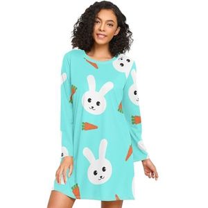 LI ZHI XIN Nachthemd voor dames, lange mouwen, nachthemd, nachthemden, slaapkleding, ronde hals, losse grote maten, nachtkleding, XXXL, konijn, wortel, cartoonpatroon, Meerkleurig, S