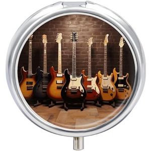 Draagbare pillendoos pillendoos met spiegel, gitaarcollectie bedrukt 3 compartimenten kleine pillenorganizer lichtgewicht reizen pillendoos voor vrouwen mannen creatieve geschenken