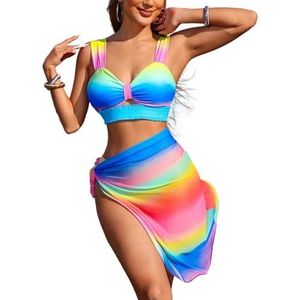 HFYRBDKSPI 3-delige bikiniset voor dames Regenboogkleuren bikinisets met hoge taille en wikkelrok,Multi colored,L