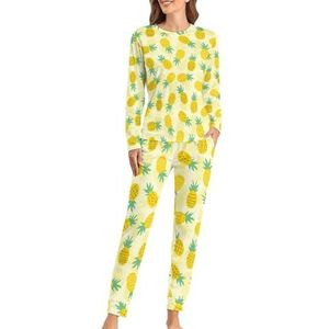 Pineapple Splash Zachte damespyjama met lange mouwen, warme pasvorm, loungewear sets met zakken, 6XL