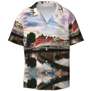 Dublin Ierland Ha Penny Bridge River Print Heren Korte Mouw Button Down Shirts Casual Losse Fit Zomer Strand Shirts Heren Overhemden, Zwart, XXL