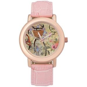 Vintage Rozen Vogels En Fiets Vrouwen Horloge PU Band Polshorloge Quartz Roze Valentijnsdag Gift