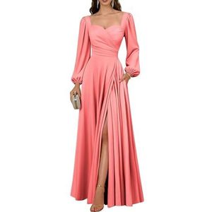 BRIGOW Damesjurken met lange mouwen, satijnen geplooide baljurk, A-lijn avondjurk met split BY031, Koraal, 32