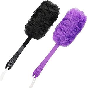 Rugschrobborstel met lange handgreep voor douche, loofah op een stokspons rugborstel, lichaamscrubber-borstel voor mannen en vrouwen, exfoliërende reinigingsrugscrubber voor ouderen (2 stuks - zwart +