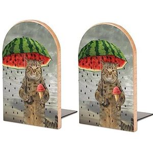 Leuke Kat Holding Watermeloen Paraplu Ijs Grote Boekensteunen Houten Boek Stand Non-Skid Boek Houder Leuke Boek Organizer voor Planken