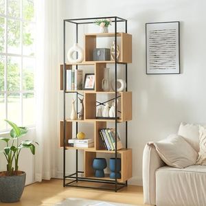 [en.casa] Boekenkast Rennebu open kast 194x80x33 cm staand rek multifunctionele plank met metalen frame zwart en eikenkleurig