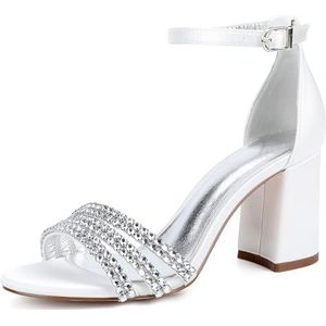 KYEGLO Satijnen Bruidsmeisjesschoenen Met Open Teen, Ronde Teen Met Dikke Hakken En Enkelbandje, Sandalen Met Bandjes En Strass-Steentjes Voor Bruiloftsfeesten,ivoor,36