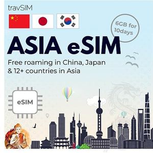 travSIM ASIA eSIM | 5GB mobiele data | Gratis roaming in China, Zuid-Korea & 9 landen in Azië | Het plan op deze ASIA eSIM is 10 dagen geldig.
