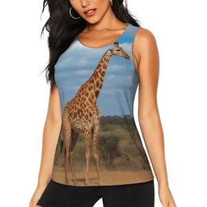 Giraffe Under The Tree in Africa Sport Gym Vest Top voor Vrouwen, Sneldrogende Ronde Hals Mouwloos T-Shirt Atletisch Workout Vest Lichtgewicht Yoga Tee Shirt Zomer Ademend Tank Tops, 3 D, S