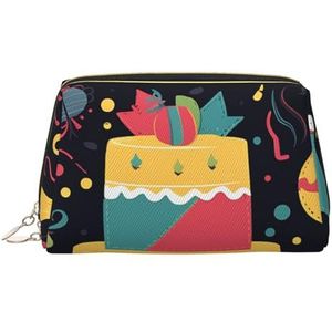 Gelukkige verjaardag beelden Make-up Tas voor Vrouwen Cosmetische Tassen Lederen Reizen Make-up Case Organizer Waterdichte Make up Pouch Open Platte Toilettas Draagbare Opbergtas voor Reizen, Goud