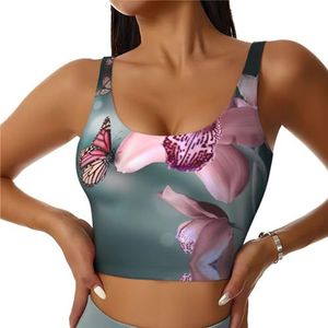 JEJEA Orchidee Bloem Vlinder Zachte Verse Lente Print Sport BH voor Vrouwen, Yoga Gym Draadloze BH Training, met Verwijderbare Padding, U-Back Design, Zwart, M