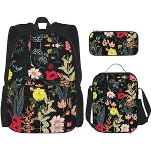 SUHNGE Fiets Koffie Ballon Print 3 Stuks Rugzak Schooltas met Lunch Tas Set Potlood Case voor Meisjes Middelbare School, Kleurrijke Boho Bloemen, Eén maat