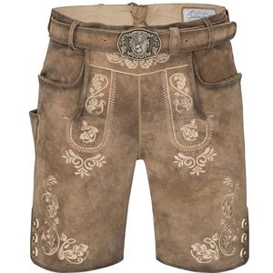 Schöneberger Trachten Couture Lugano Korte leren herenbroek met klederdrachtriem, traditionele vintage klederdrachtbroek voor Oktoberfest van nubuckleer, bruin, 50