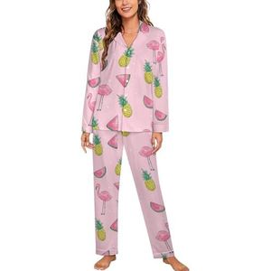 Tropisch fruit en flamingo pyjama met lange mouwen voor vrouwen, klassieke nachtkleding, nachtkleding, zachte pyjamasets