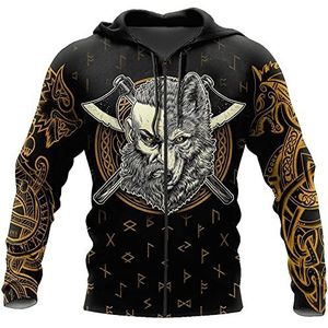 Noorse Wolf Axe Tattoo Pullover Met Rits,Heren Viking Rune Bear Head All Over Printed Hoodie,3D Digitale Print Casual Unisex Lange Mouwen Tops Sweatshirt S-5XL