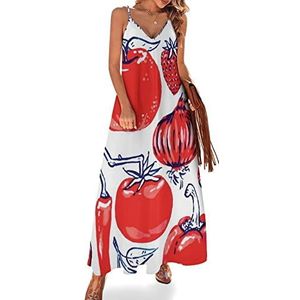 Rode regenboog groenten dames zomer maxi-jurk V-hals mouwloze spaghettiband lange jurk