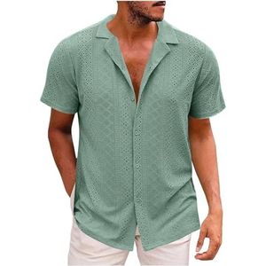 UBOHUZ Mannen Korte Mouw Shirt Zomer Mannelijke Turn Down Kraag Effen Kleur Business Shirt Tops Mannen Casual Drape Uitgesneden Kant voor Vrije tijd, Groen, 3XL