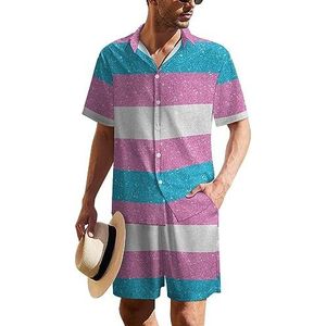 Glitter Transgender Pride Vlag Heren Hawaiiaanse Pak Set 2-delig Strand Outfit Korte Mouw Shirt En Shorts Bijpassende Set