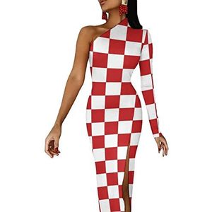 Rood-witte geruite Pistoia-vlag dames jurk met halve mouwen avondfeest lange jurken cocktail split bodycon jurk M