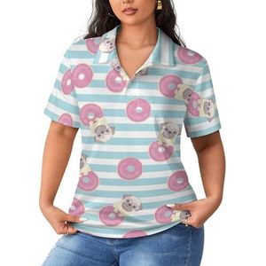 Roze Grappige Pug En Donut Vrouwen Sport Shirt Korte Mouw Tee Golf Shirts Tops Met Knoppen Workout Blouses