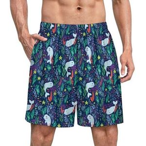 Walvissen Waterplant Ster Zeebodem Grappige Pyjama Shorts voor Mannen Pyjama Bottoms Heren Nachtkleding Met Zakken Zacht